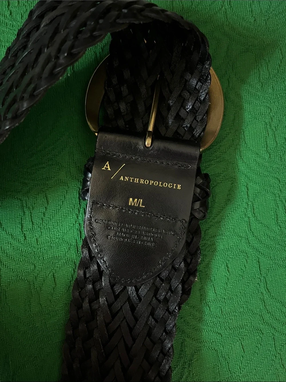 Anthropology Wide Black Braided Elastic Belt with Gold Round Buckle